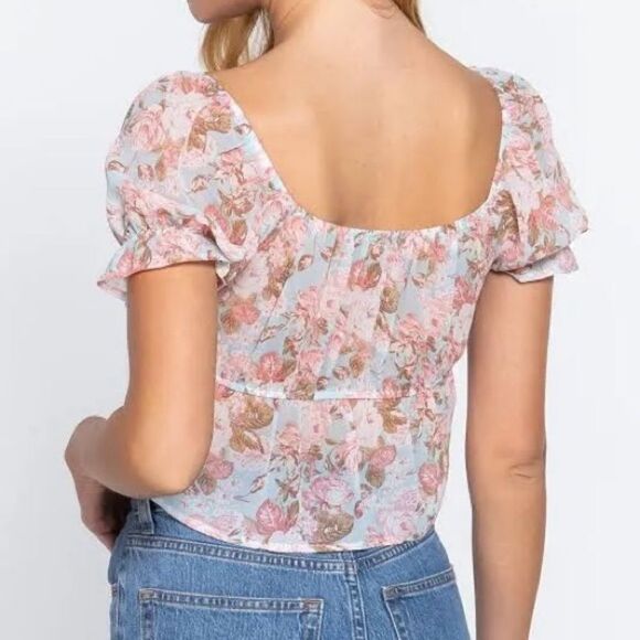 Active USA Sheer Floral Chiffon Tie Front Crop Blouse Blue Pink 1XL Puff Sleeve - Picture 7 of 15